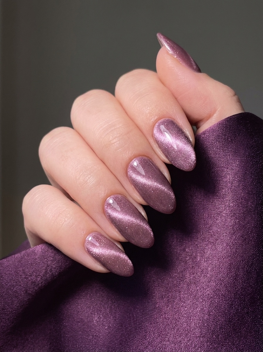 A close-up of almond-shaped nails shows a mauve nail art idea with metallic cat-eye shimmer, reflecting light softly against a deep plum satin fabric.