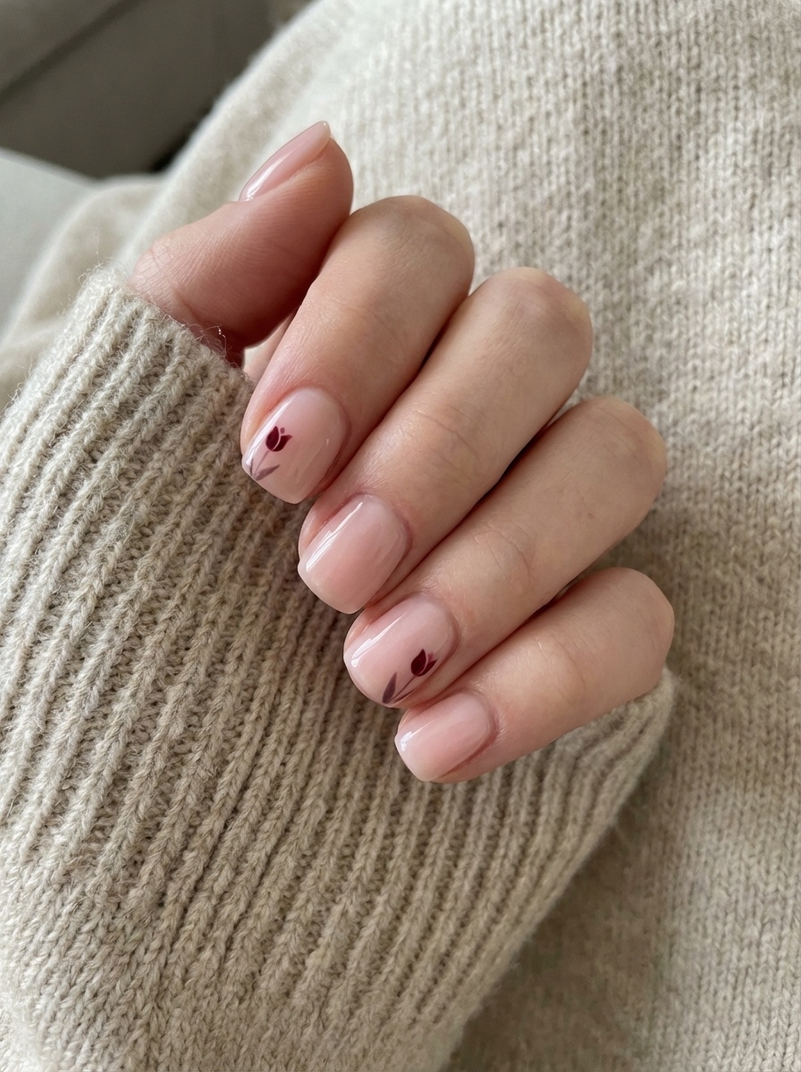 Indoor lifestyle image of fingers resting on textured fabric, featuring an aesthetic nail art idea with sheer pink nails and delicate burgundy tulip artwork.
