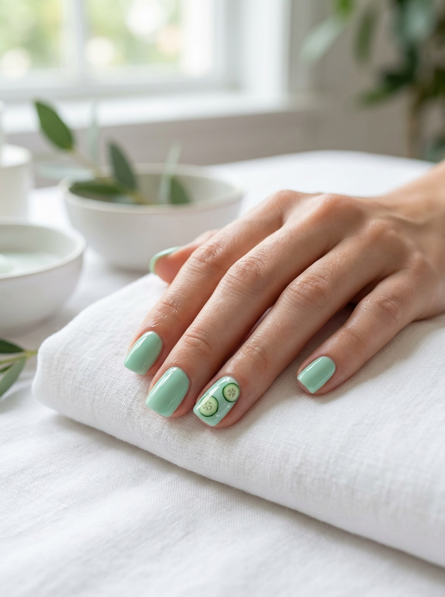 Soft daylight highlights a mint green nail art idea on a resting hand, showcasing pastel green nails and a detailed cucumber accent nail near minimalist decor.