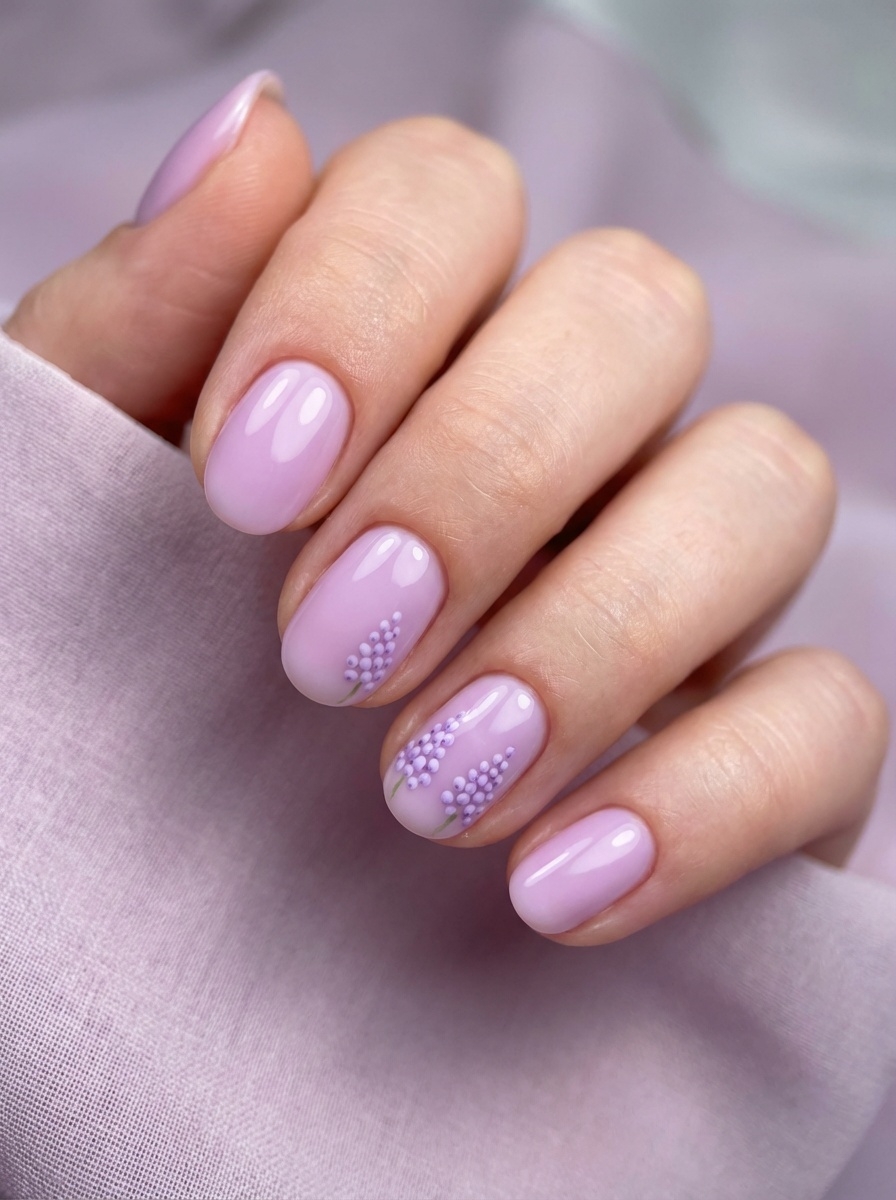 Close-up view of a hand reveals a lilac nail art idea featuring smooth pink-lilac nails enhanced by tiny raised floral bud embellishments.