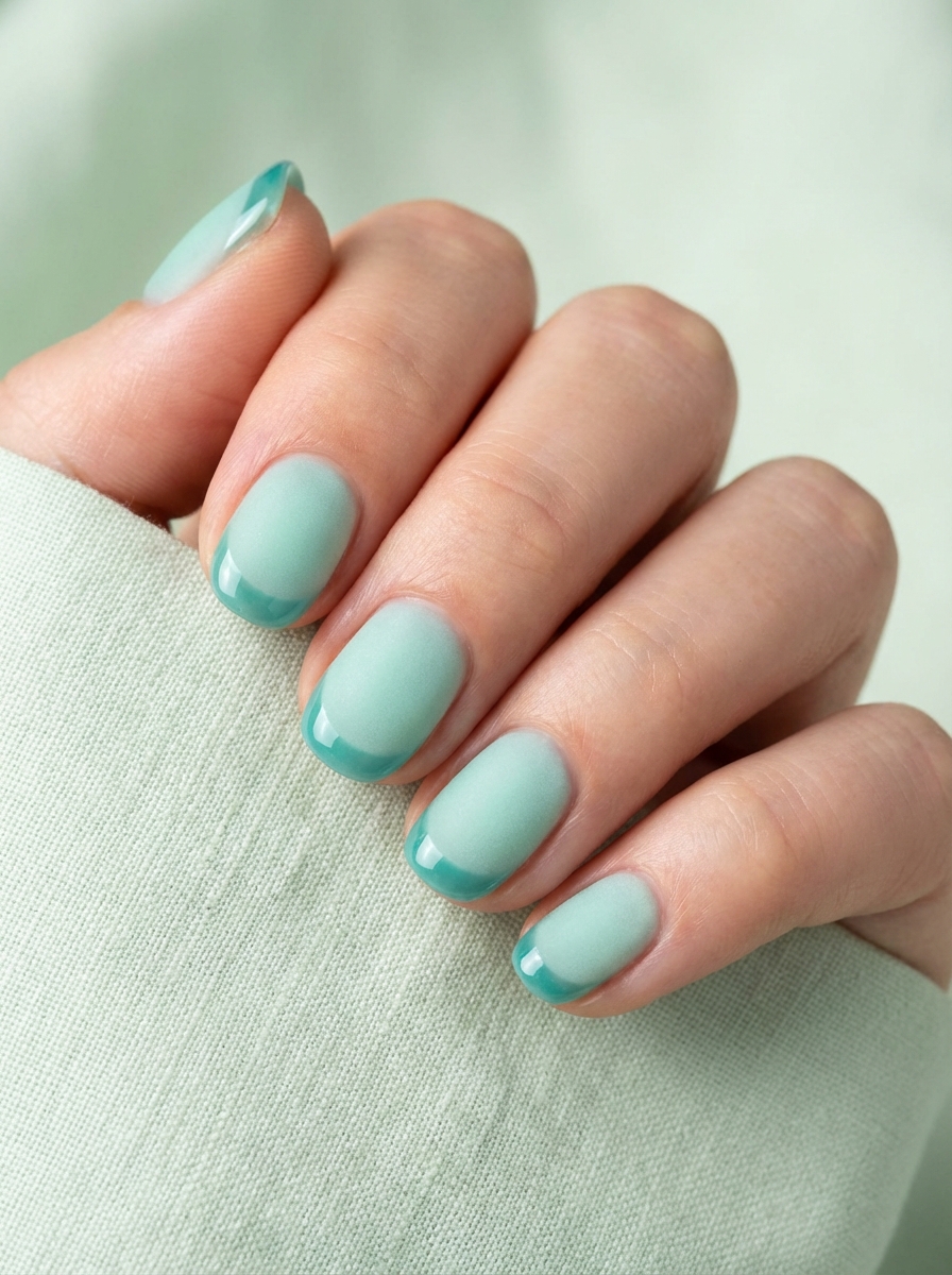 A close-up of a hand wrapped in pale fabric shows a mint green nail art idea with rounded nails, soft mint polish, and slightly darker mint tips.