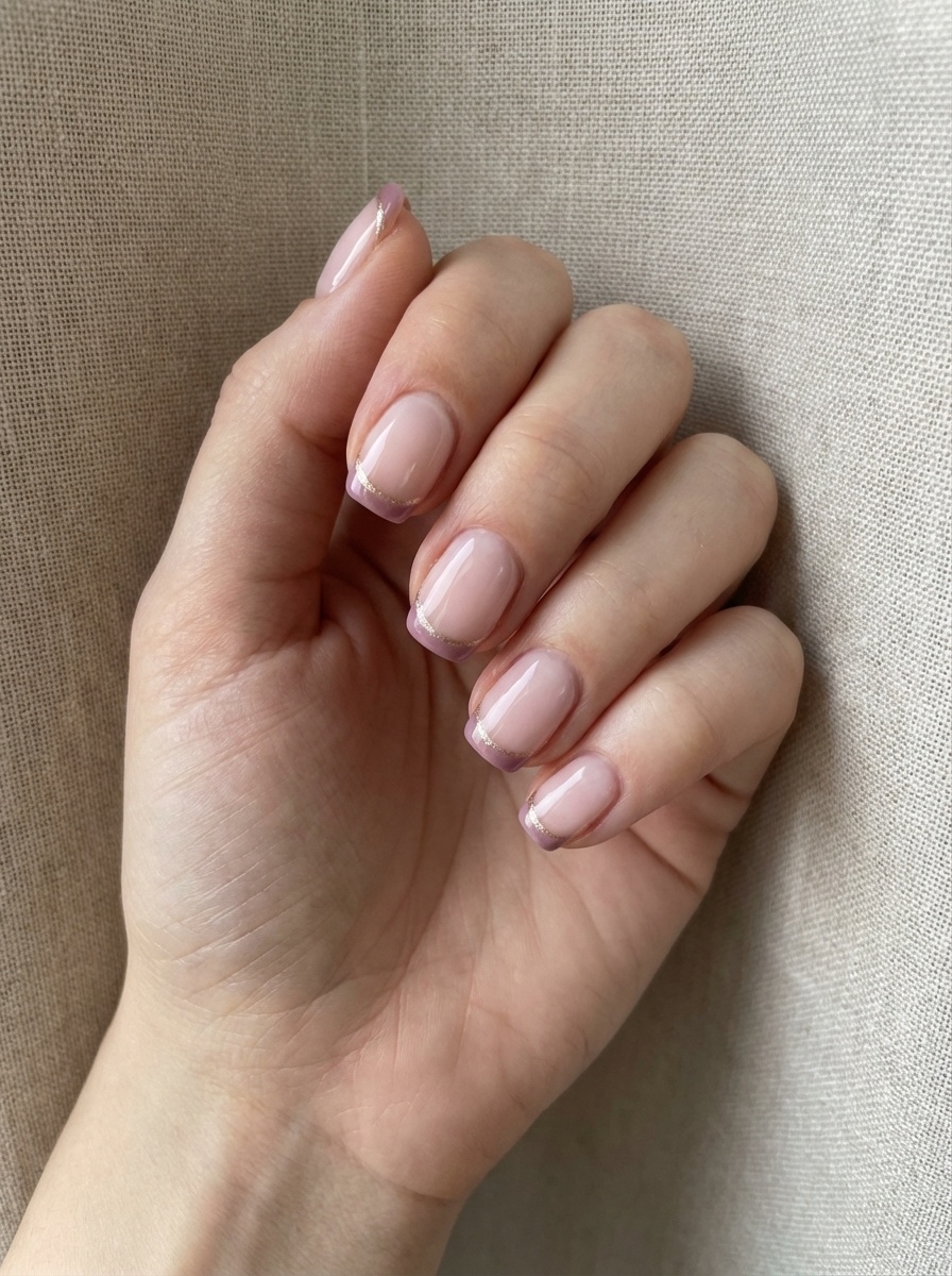 Gentle daylight highlights a mauve nail art idea featuring short rounded nails, a translucent blush base, slim mauve tips, and a minimal gold line.