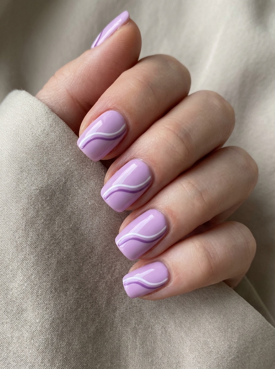 Close-up of a hand resting on beige fabric shows a lilac nail art idea with short glossy lavender nails accented by fine white wave lines.
