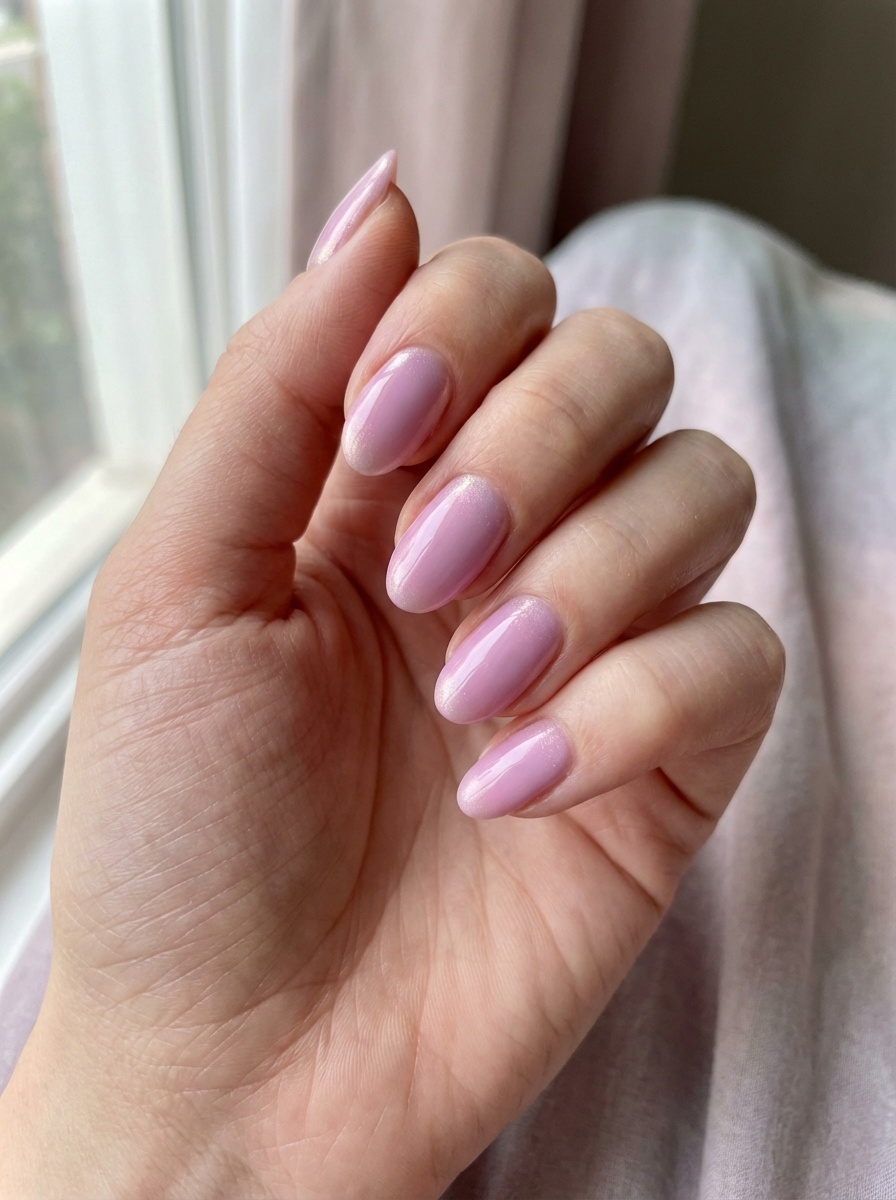 Close-up of a hand resting by a window reveals a lilac nail art idea with glossy pastel lilac nails shaped into smooth almonds.