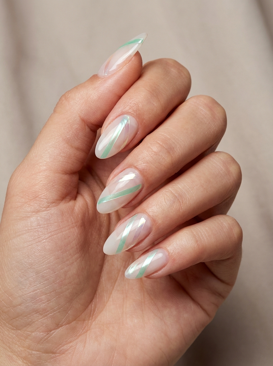 Soft-focus lighting captures a mint green nail art idea on almond nails, combining a translucent milky base with subtle diagonal mint green lines for a fresh, modern look.
