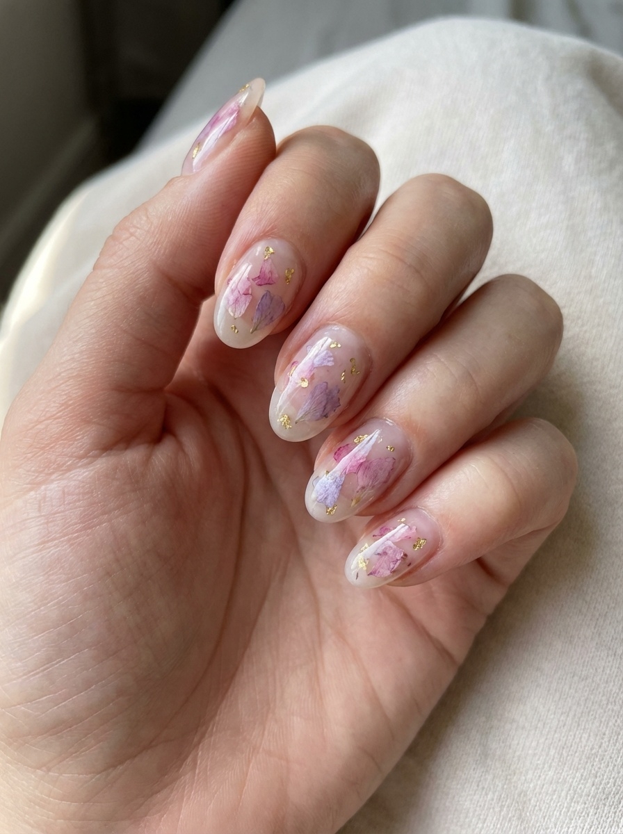 Close-up beauty shot of fingers resting on fabric, featuring an aesthetic nail art idea with sheer nude nails, pink and lavender pressed petals, and tiny gold foil details.