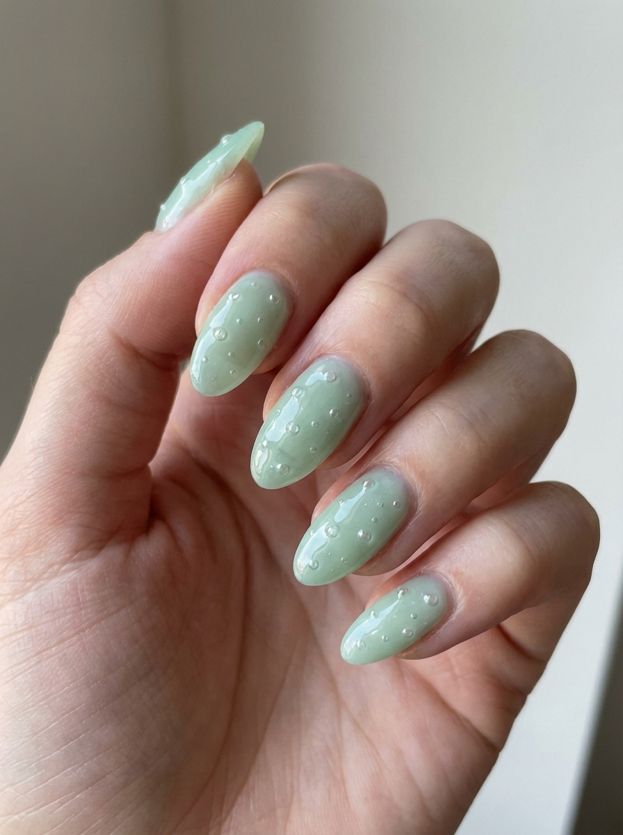 A close-up hand displays a mint green nail art idea with almond-shaped nails, glossy mint polish, and raised water droplet textures under soft natural lighting.
