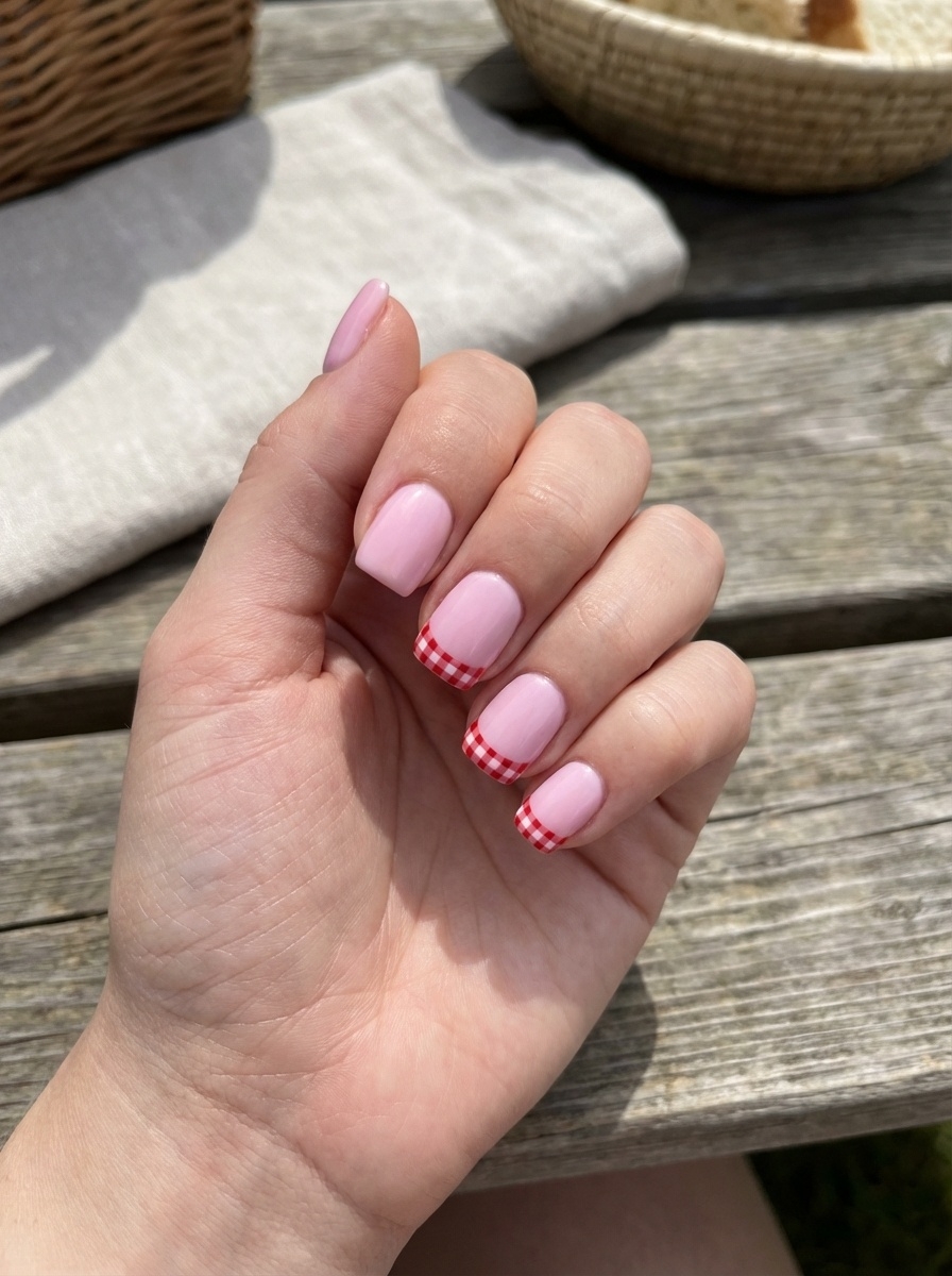 Angled outdoor shot featuring an aesthetic nail art idea with light pink nails, neatly painted red gingham tips, and a clean glossy surface against rustic wood textures.