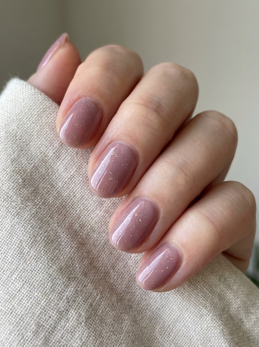 Hand holding neutral fabric featuring a mauve nail art idea with glossy mauve nails and subtle speckled shimmer details