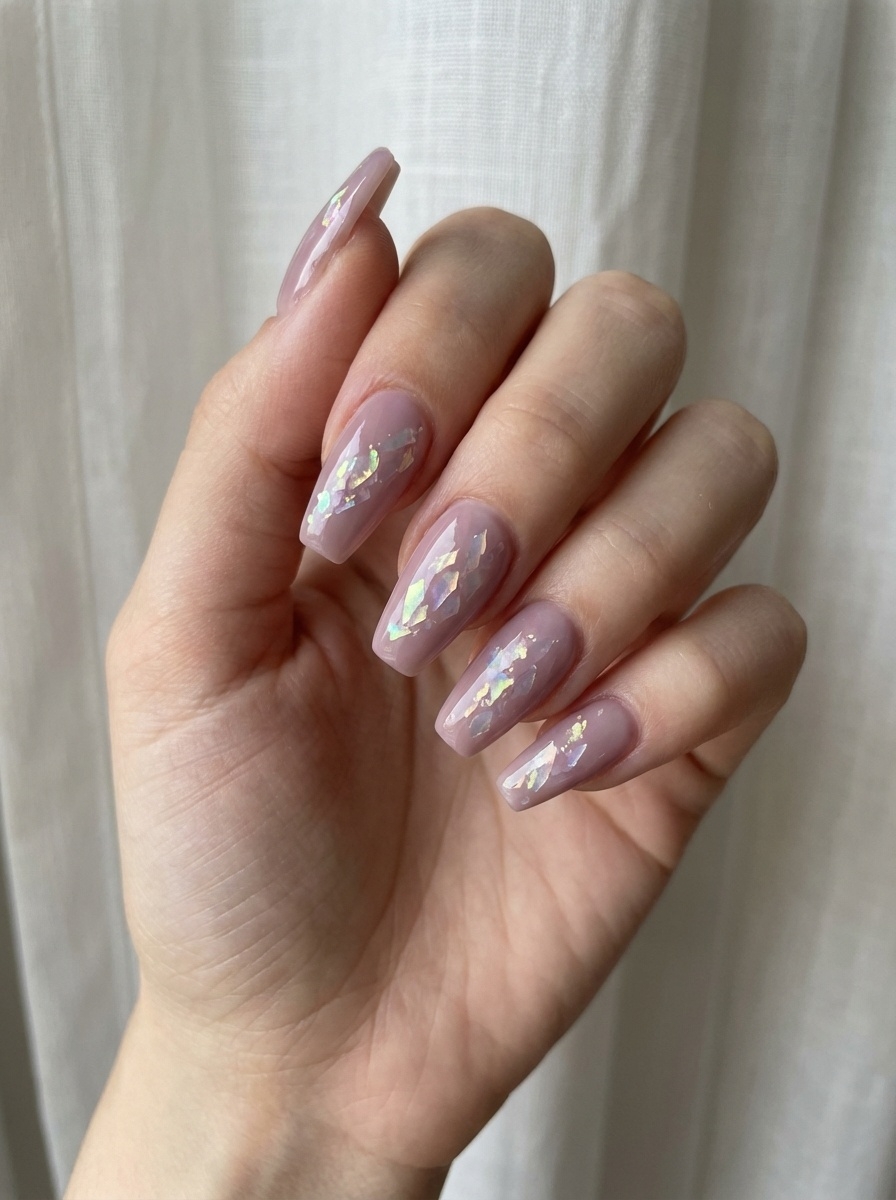 Hand held against a neutral curtain background highlighting a mauve nail art idea with sheer mauve nails and subtle foil-like shimmer