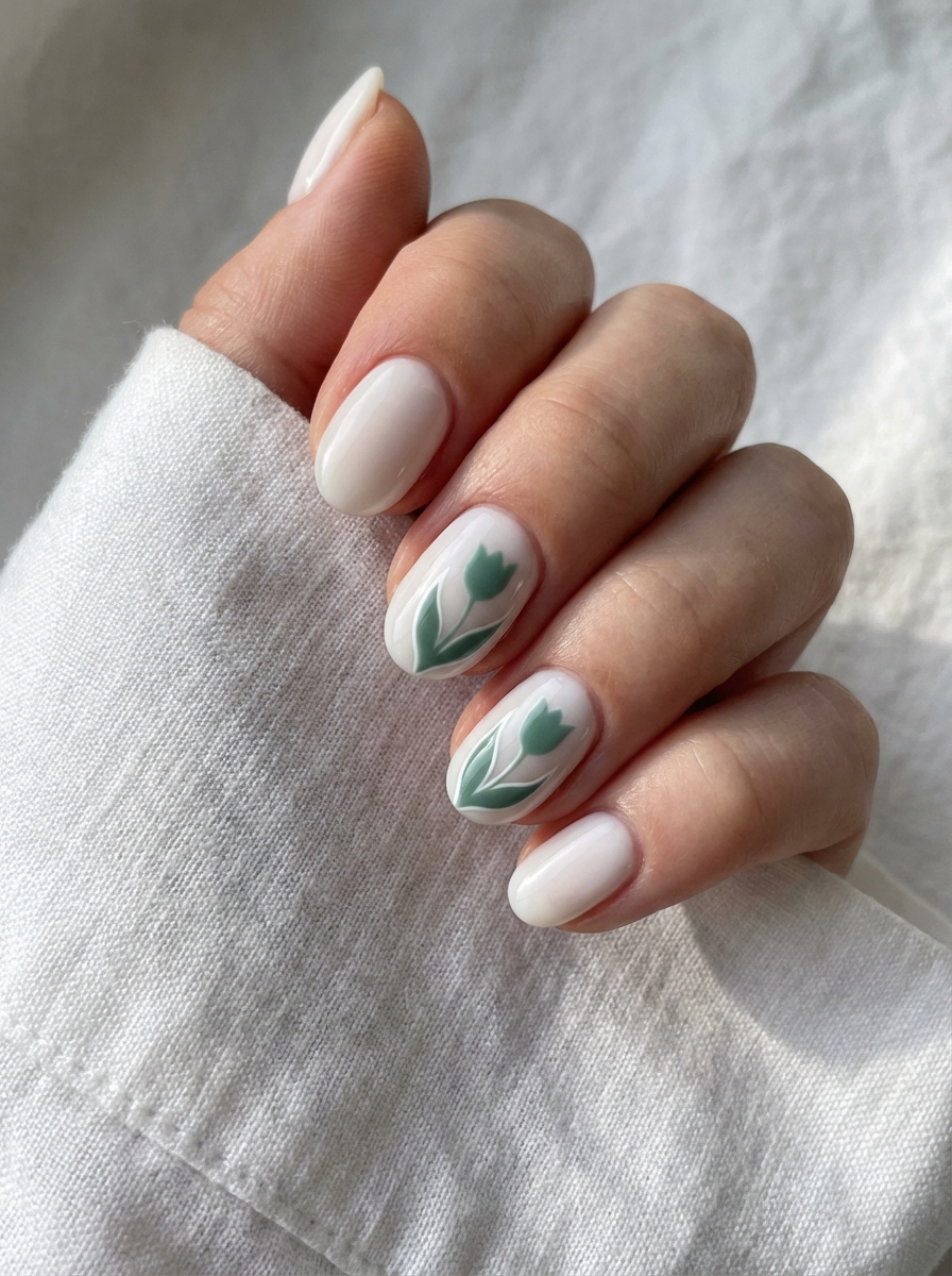 Against soft fabric, a hand presents a mint green nail art idea with almond-shaped white nails enhanced by clean sage tulip detailing.