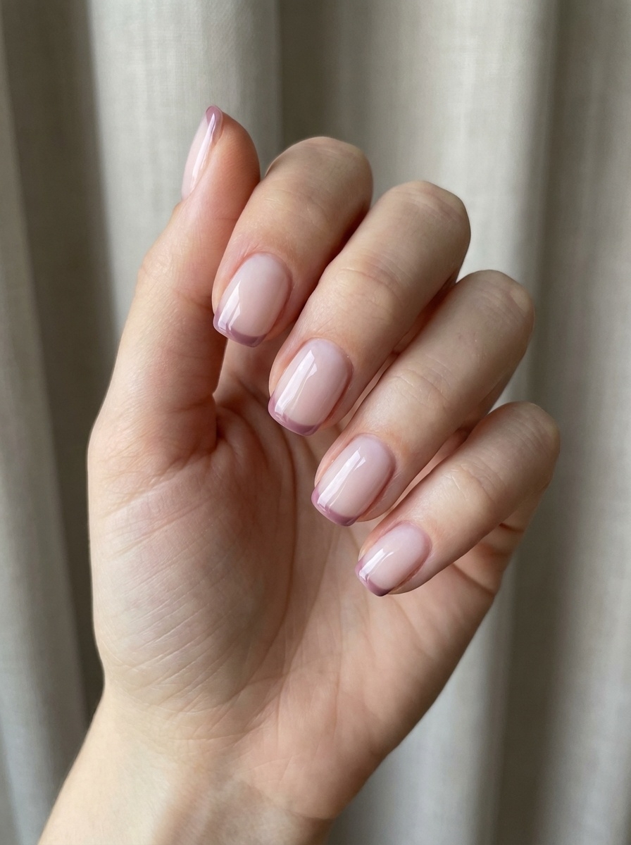 Close-up of a hand displaying a mauve nail art idea with short natural nails, sheer pink polish, and thin mauve French tips