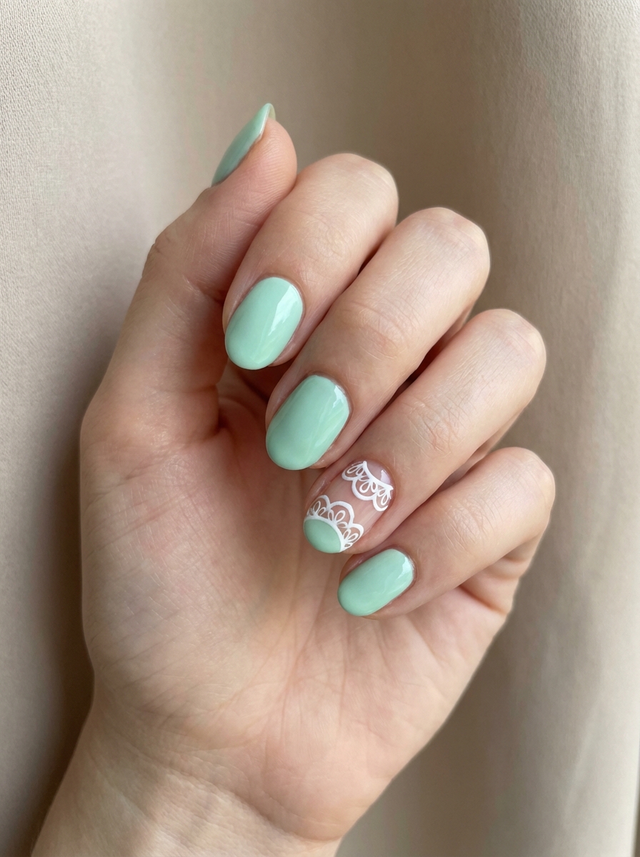 A relaxed hand near neutral fabric shows a mint green nail art idea with glossy pastel green nails and a single white lace-style accent design.