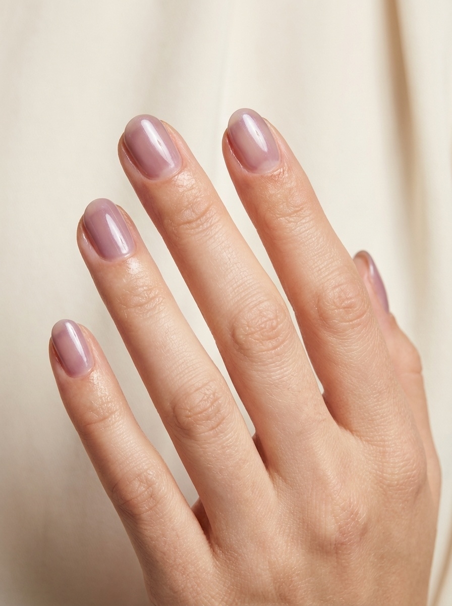 Natural hand photographed near neutral fabric showcasing a mauve nail art idea with glossy short nails in a delicate mauve-pink hue