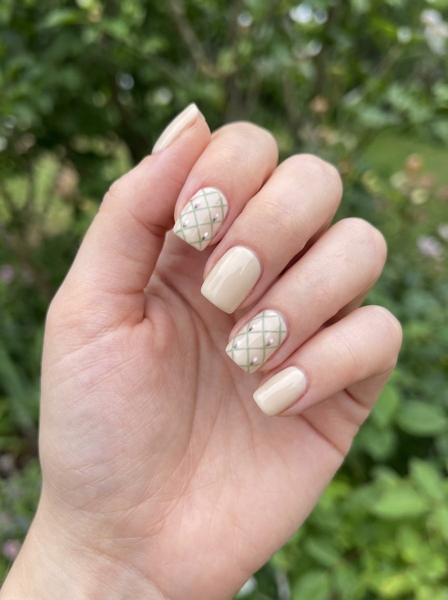 Angled view of fingers outdoors highlighting an aesthetic nail art idea with glossy cream nails and green crisscross patterned accent nails with small dot details.