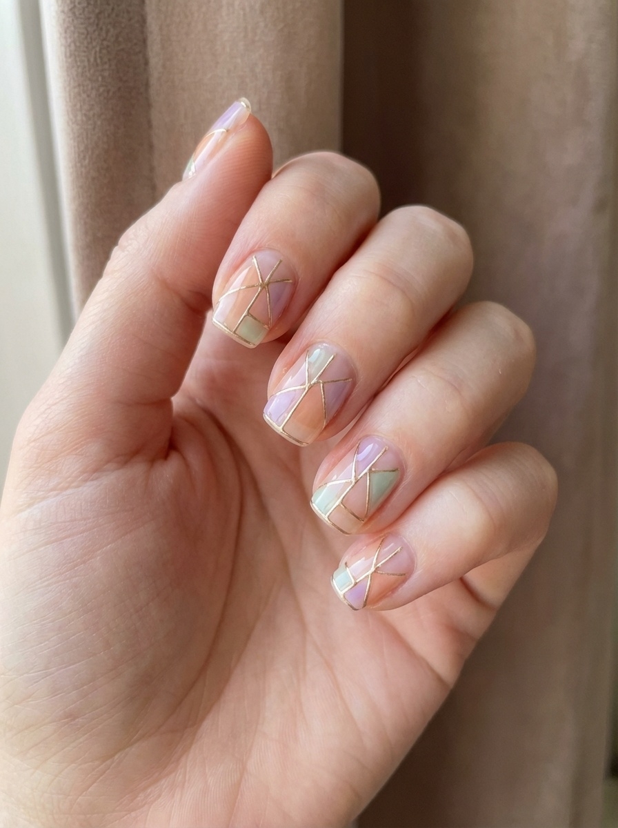Indoor beauty shot of fingers displaying an aesthetic nail art idea with sheer nude nails, pastel color blocking, and fine gold line accents under natural light.