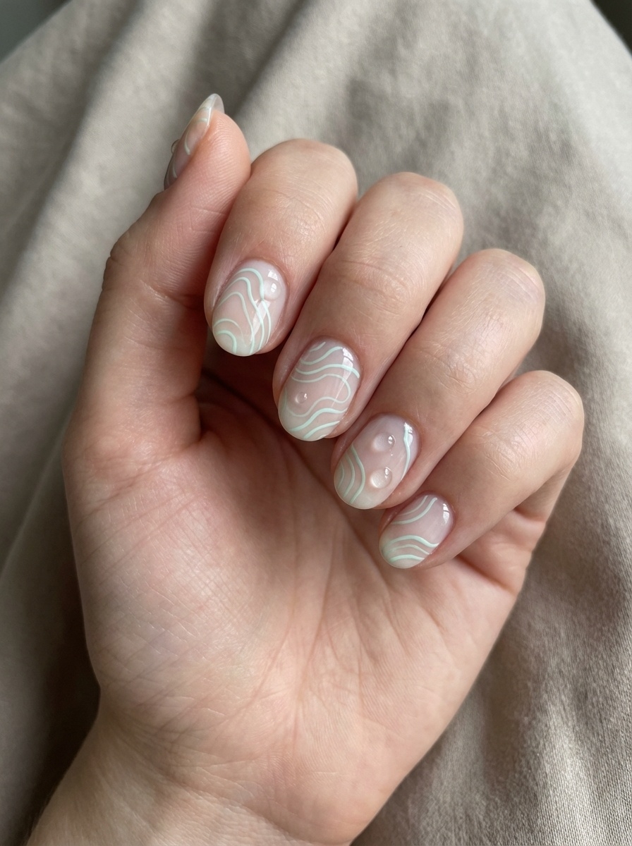 Angled beauty shot highlighting an aesthetic nail art idea with short nude nails, pale mint line patterns, glossy finish, and minimal pearl embellishments.