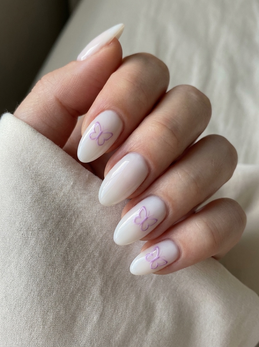 A softly lit hand resting on fabric shows a lilac nail art idea with almond-shaped milky white nails and thin lilac butterfly outlines on accent fingers.