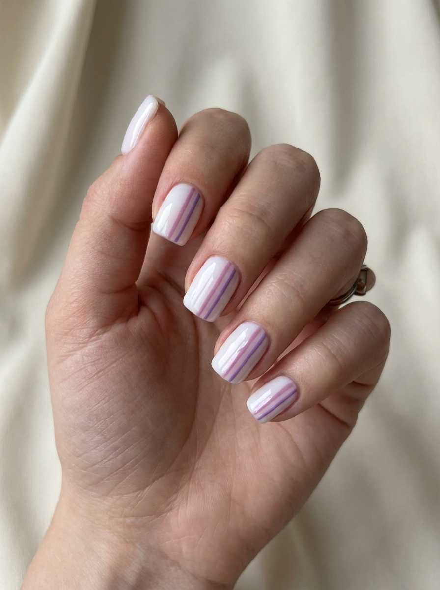Resting on a neutral background, a hand displays a lilac nail art idea featuring short square nails finished with fine lilac stripes over a milky white gloss.