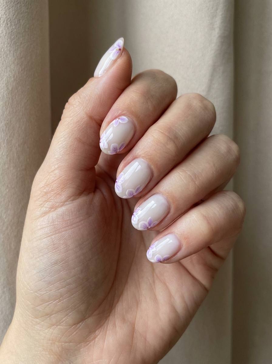 In natural light, a hand displays a lilac nail art idea featuring sheer nude polish and soft lilac floral details scattered gently across short rounded nails.