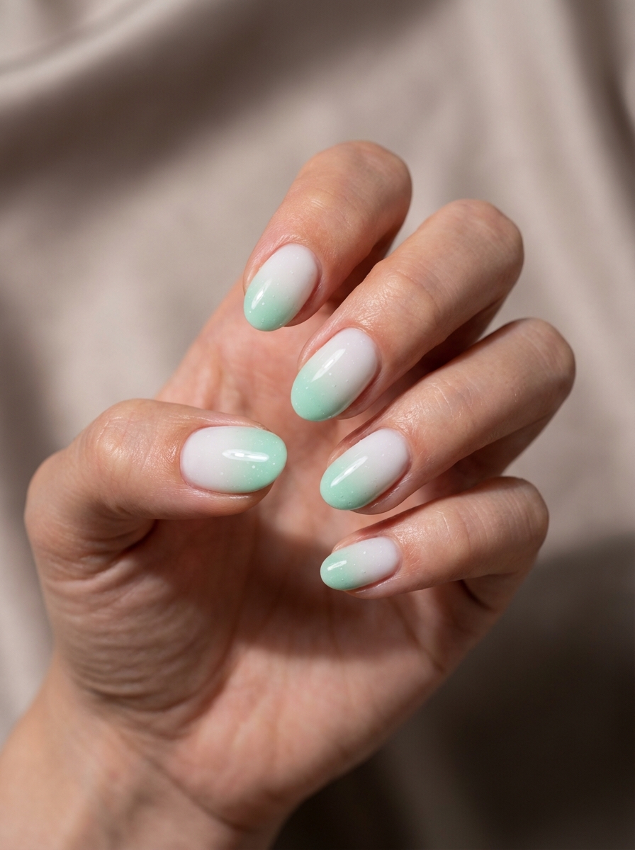 Lifestyle-style image of a hand resting naturally, showcasing a mint green nail art idea with short almond nails, glossy white bases, and subtle mint green gradient tips.
