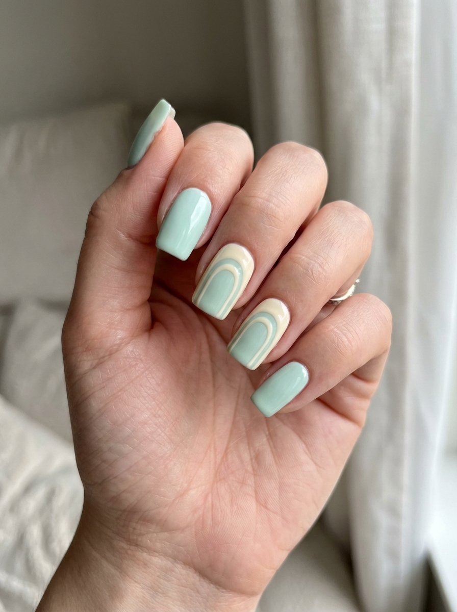 Natural light illuminates a mint green nail art idea on square-shaped nails, featuring pastel mint polish and curved nude arch accents on two fingers.