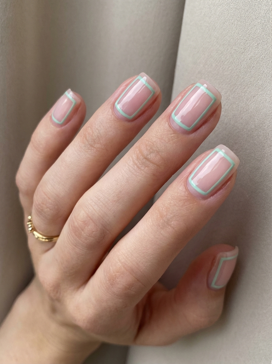 A relaxed hand pose displays a mint green nail art idea with glossy blush pink nails outlined by thin mint green lines, resting against a beige curtain surface.