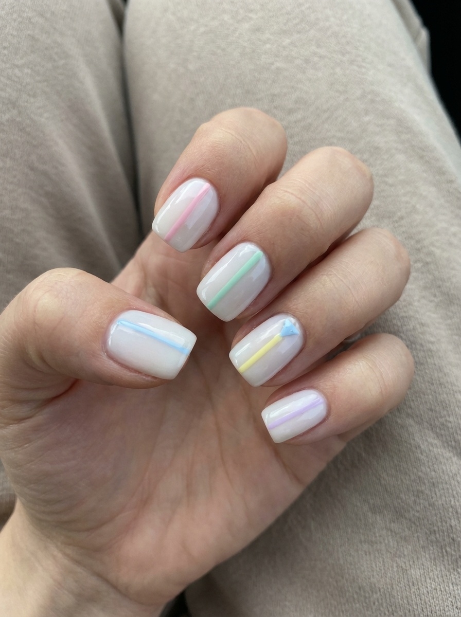 Lifestyle-style photo of a hand against beige fabric featuring an aesthetic nail art idea with milky white nails, colorful pastel stripe accents, and a sleek glossy finish.
