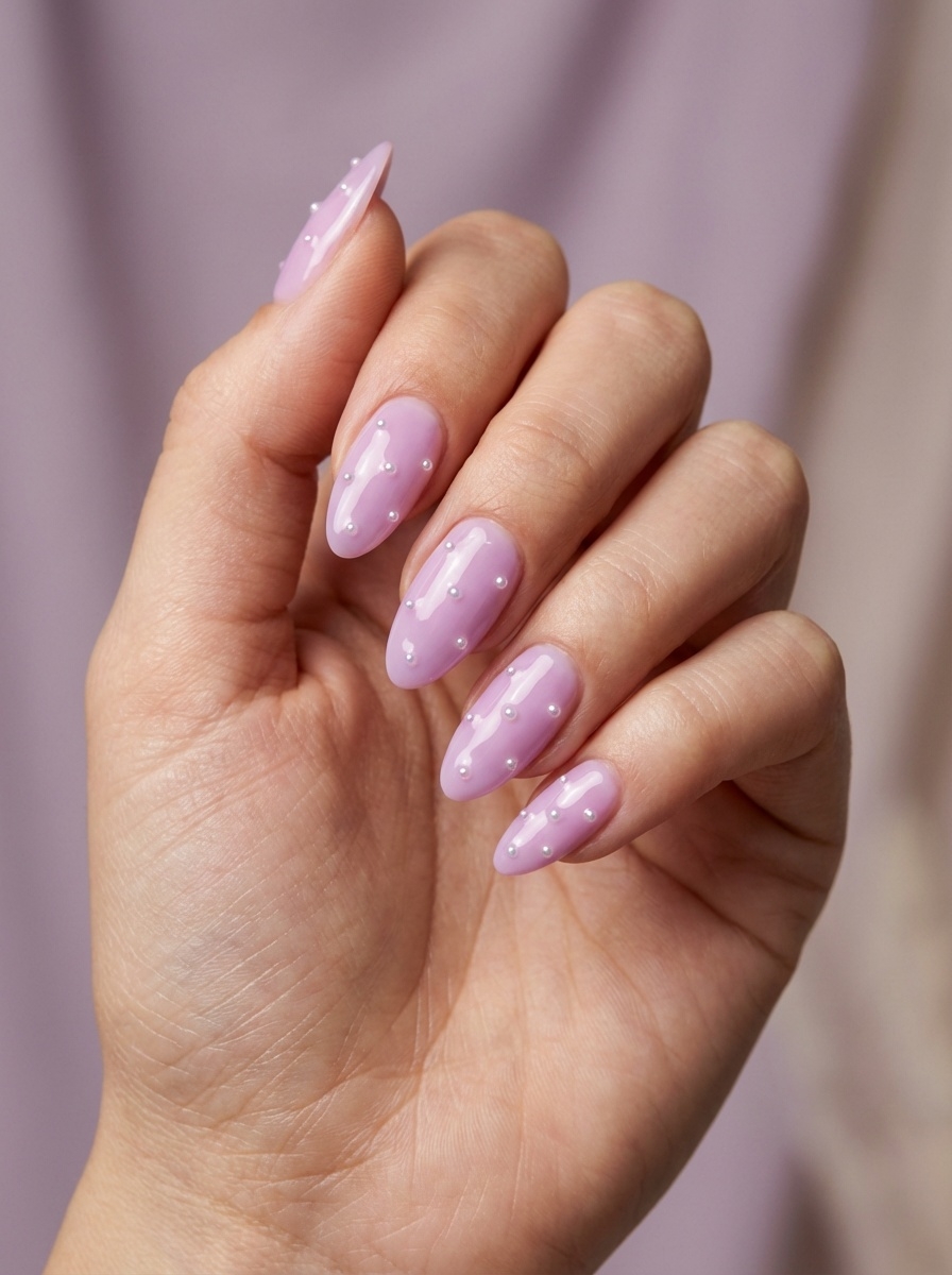 A close-up of a hand displays a lilac nail art idea with glossy almond-shaped nails decorated with small pearl-like dots against a muted pastel background.