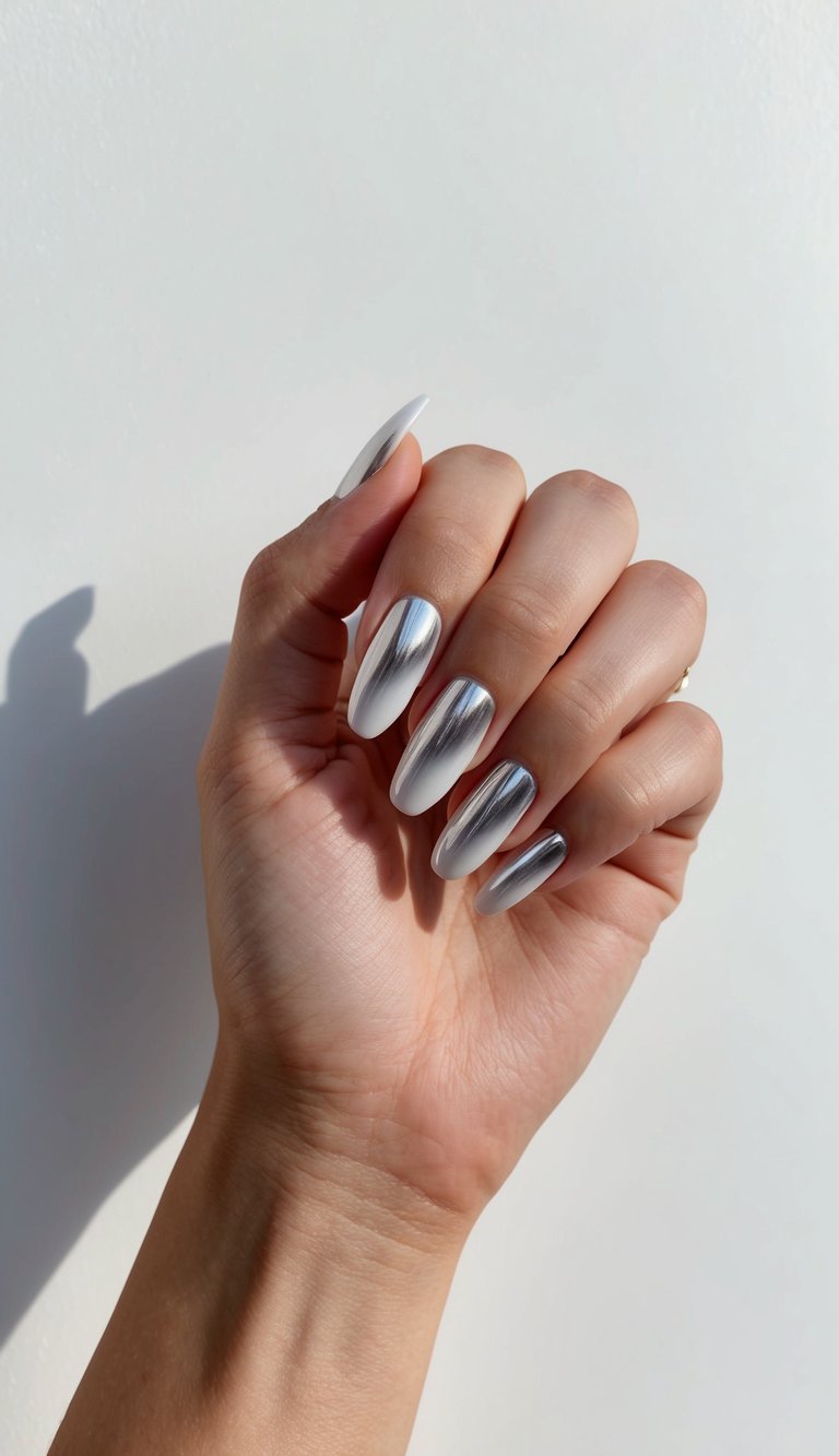 Angled hand pose in bright natural light, showcasing a white chrome nail art idea with smooth silver chrome nails and a fluid, mirror-like surface.