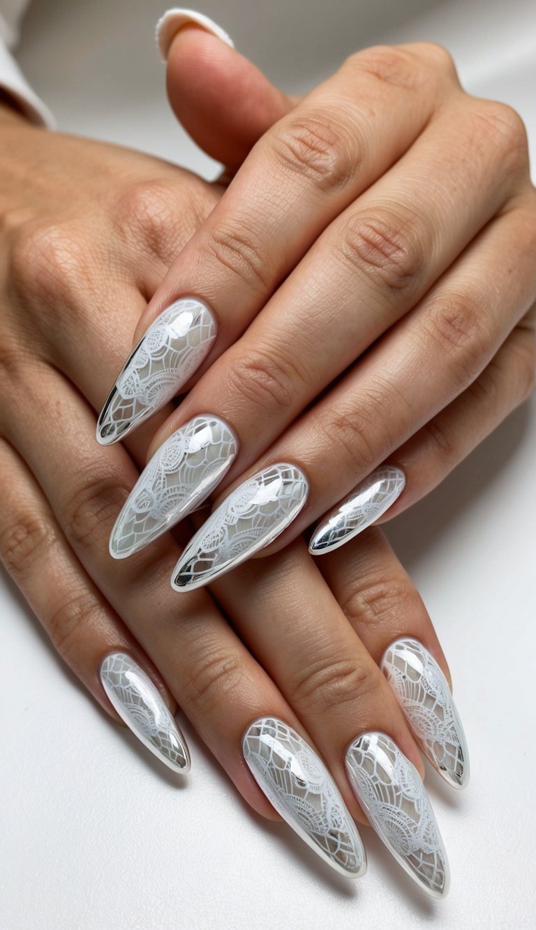 Close-up of hands featuring a white chrome nail art idea with almond-shaped nails, reflective chrome surfaces, and intricate white lace-style detailing.