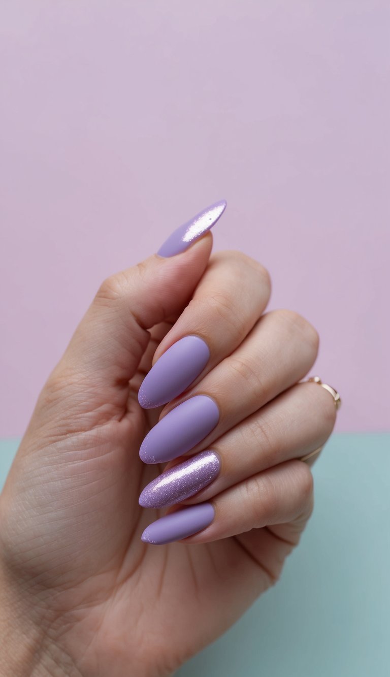 An angled hand pose displaying a lilac nail art idea with matte purple almond nails, a single shimmering accent nail, soft lighting, and a smooth pastel background.