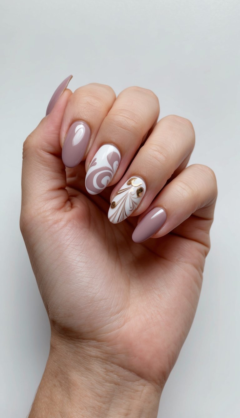 Close-up of a hand showing a mauve nail art idea with almond-shaped mauve nails, creamy white swirl designs, and small gold accents on a neutral background