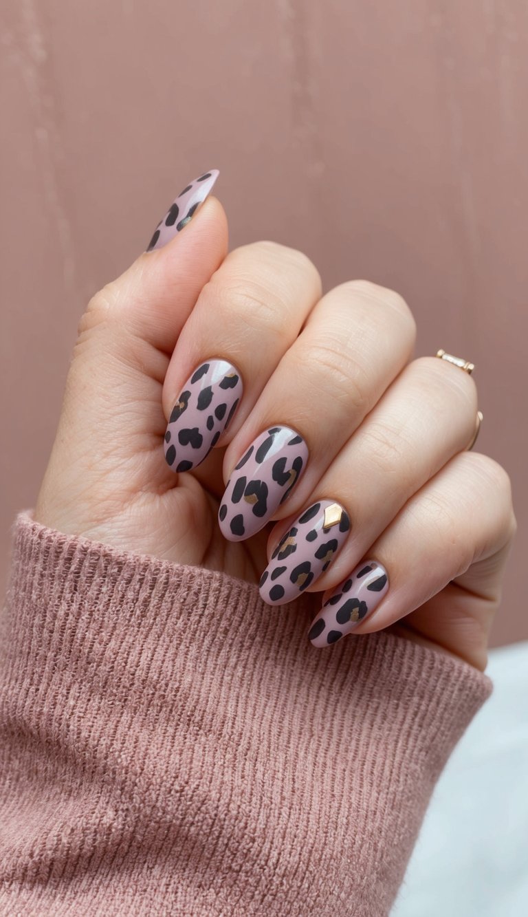 Close-up of fingers displaying a mauve nail art idea featuring a soft mauve base, bold black leopard spots, and tiny gold embellishments