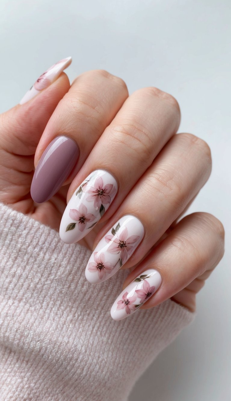 Curved fingers wearing a mauve nail art idea feature white nails decorated with pink flowers and green leaves alongside a glossy mauve accent nail.