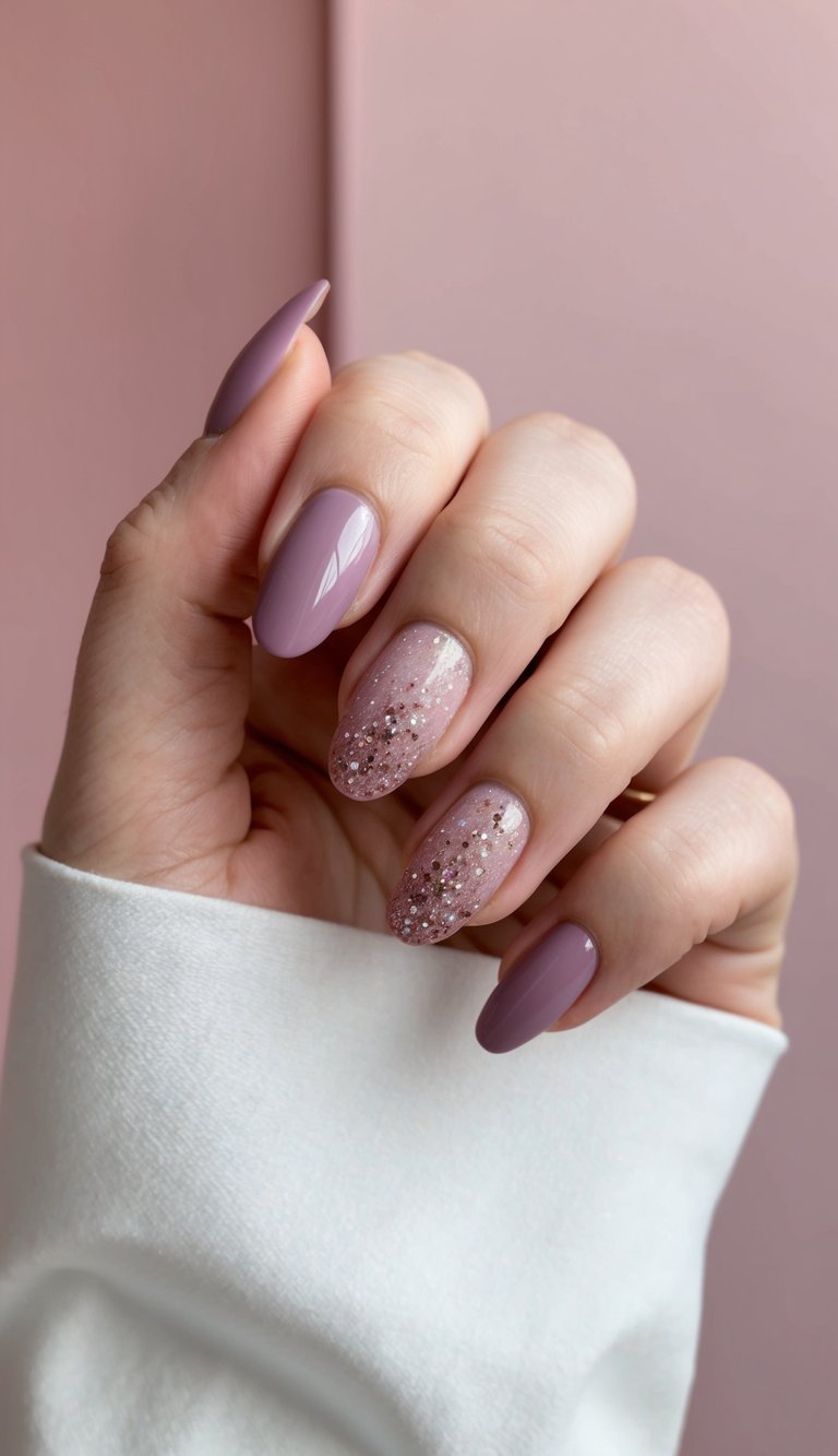 A hand with long almond-shaped nails painted in a glossy mauve color, with one accent nail featuring pink glitter and rhinestones, against a soft pink background.