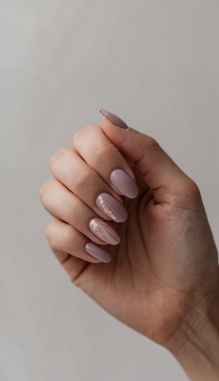Close-up of a hand shows a mauve nail art idea with almond nails, combining smooth mauve polish, one glitter accent nail, and faint diagonal shimmer lines.