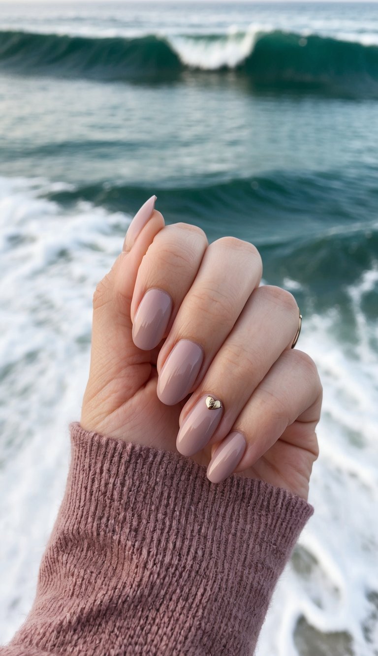 Close-up of a hand in a mauve sweater showing a mauve nail art idea with glossy almond nails and a minimal gold heart charm near rolling ocean waves