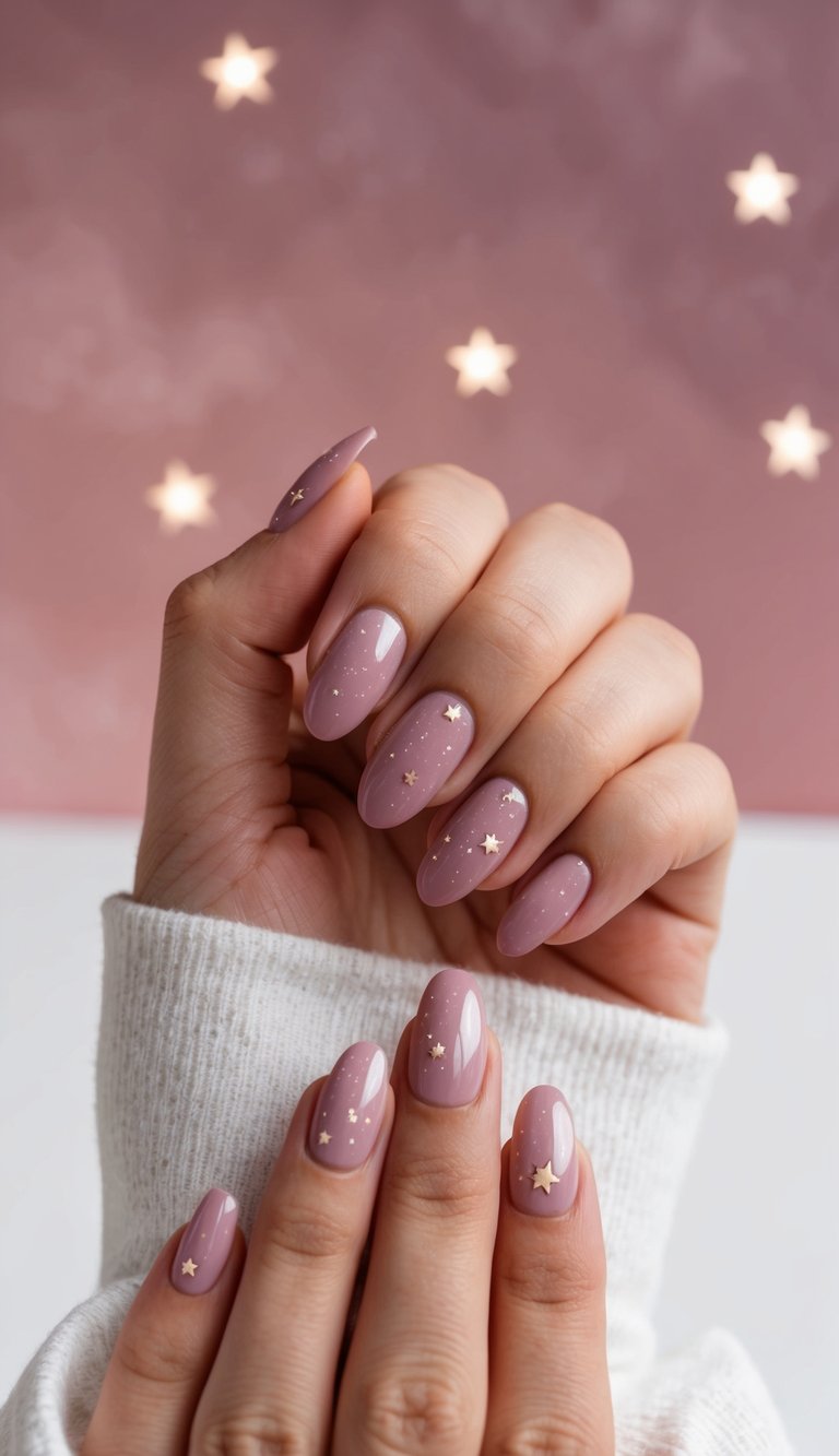 Close-up of hands wearing a mauve nail art idea featuring almond-shaped nails, soft mauve polish, fine shimmer, and scattered gold star details under warm lighting.