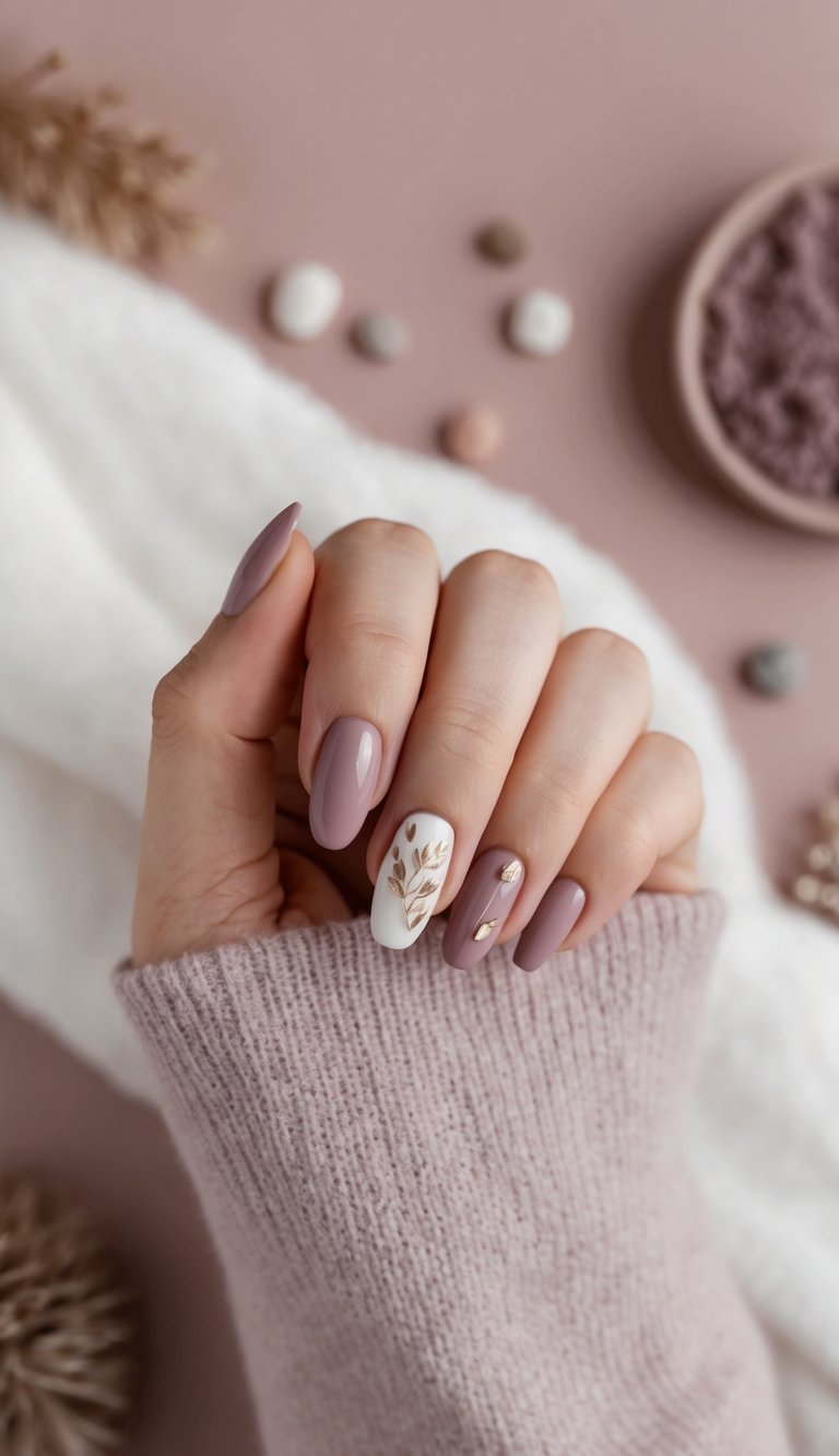 Detailed view of a hand displaying a mauve nail art idea, highlighting glossy mauve nails, a white accent nail with gold botanical detailing, and subtle gold embellishments.