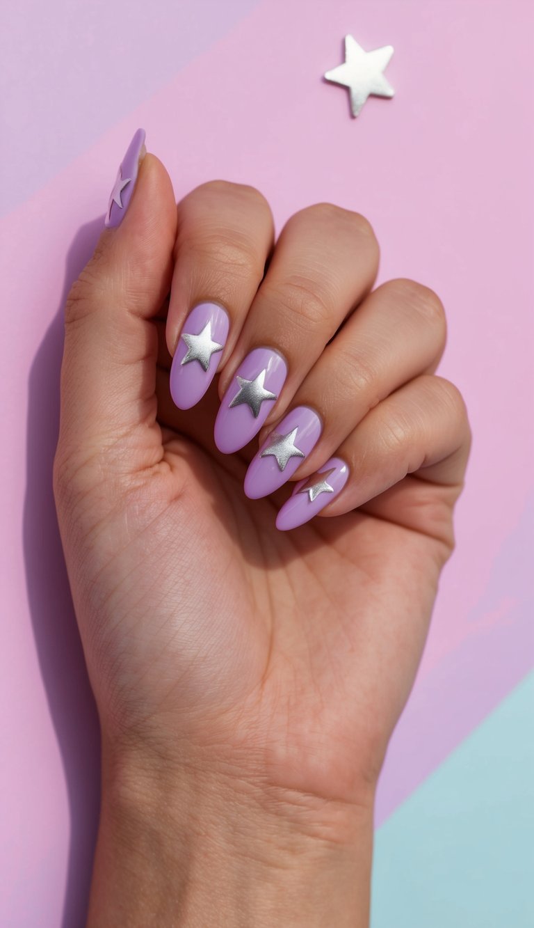 A hand against a pastel background displays a lilac nail art idea with almond-shaped nails, glossy lavender polish, and raised silver star embellishments on each nail.