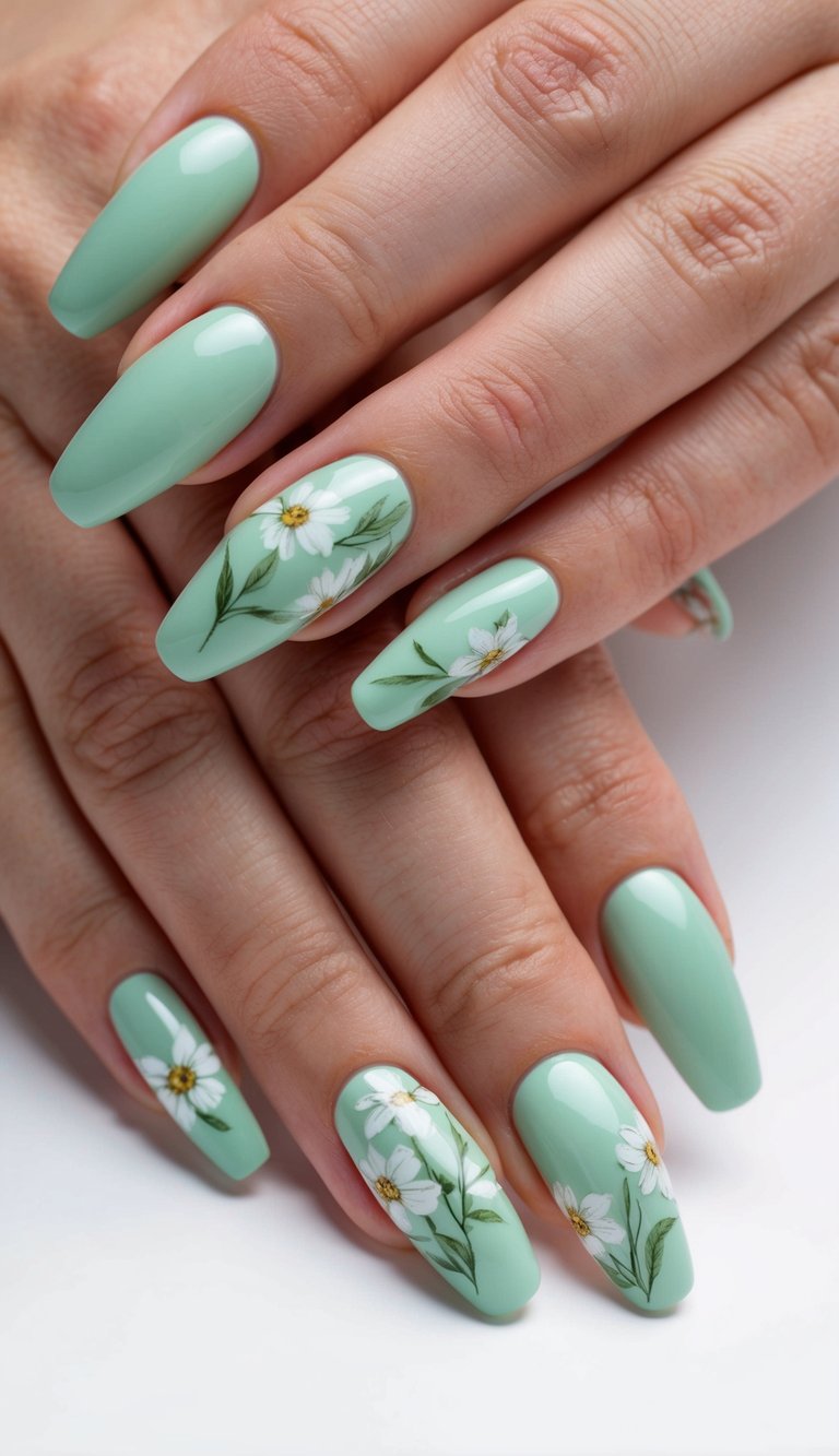 Detailed view of long mint green nails painted with white flowers and subtle greenery, presented on crossed hands as a fresh mint green nail art idea.