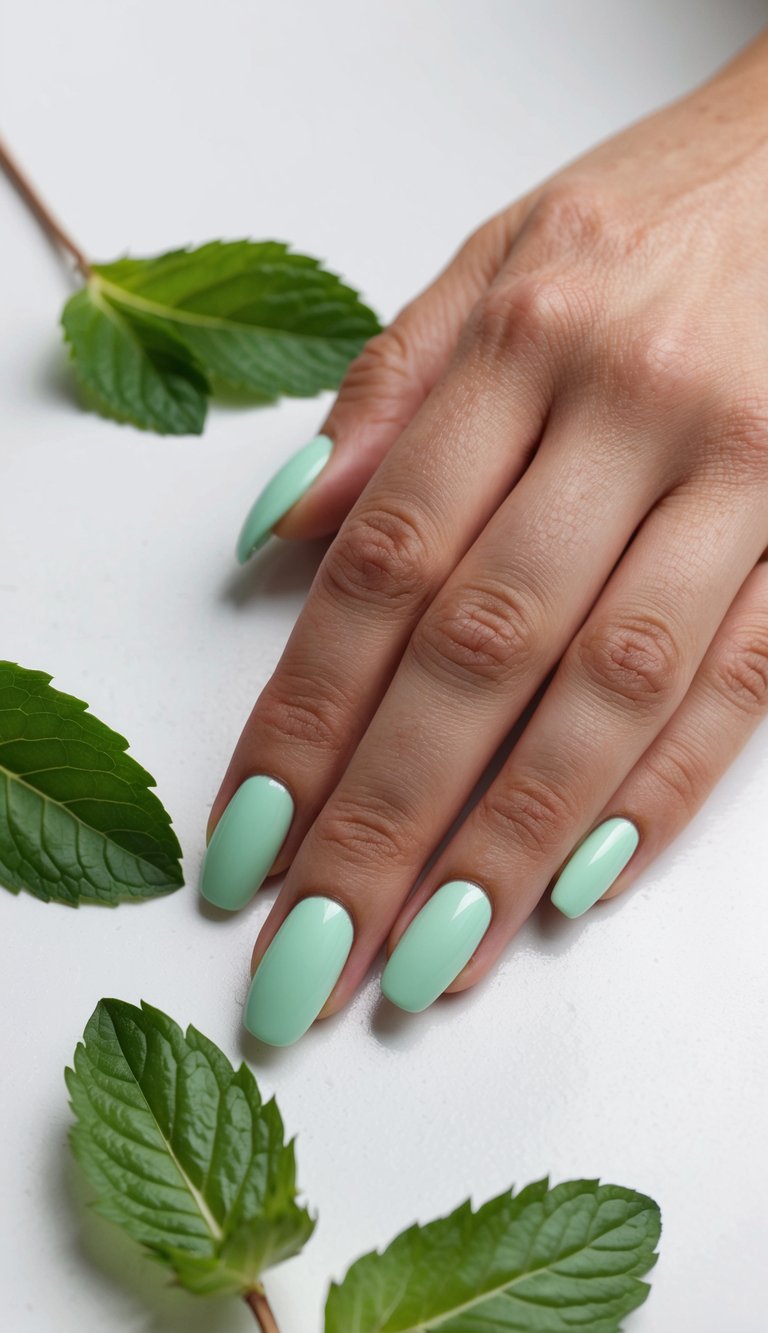 A hand rests on a white surface with mint leaves scattered nearby, showcasing glossy mint green nails shaped evenly, creating a natural and soothing mint green nail art idea.
