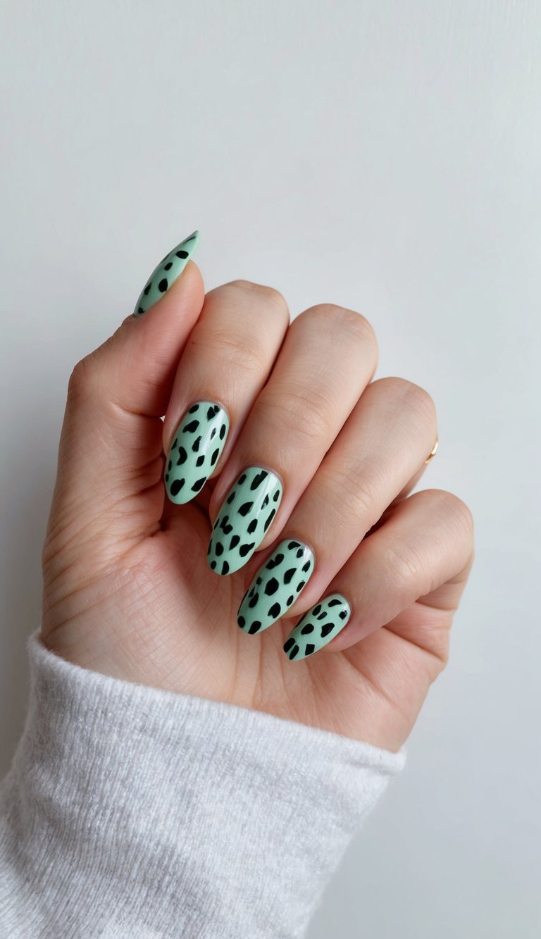 Close-up of a hand with mint green almond nails decorated in black animal-style spots, photographed in natural light with a simple neutral backdrop.