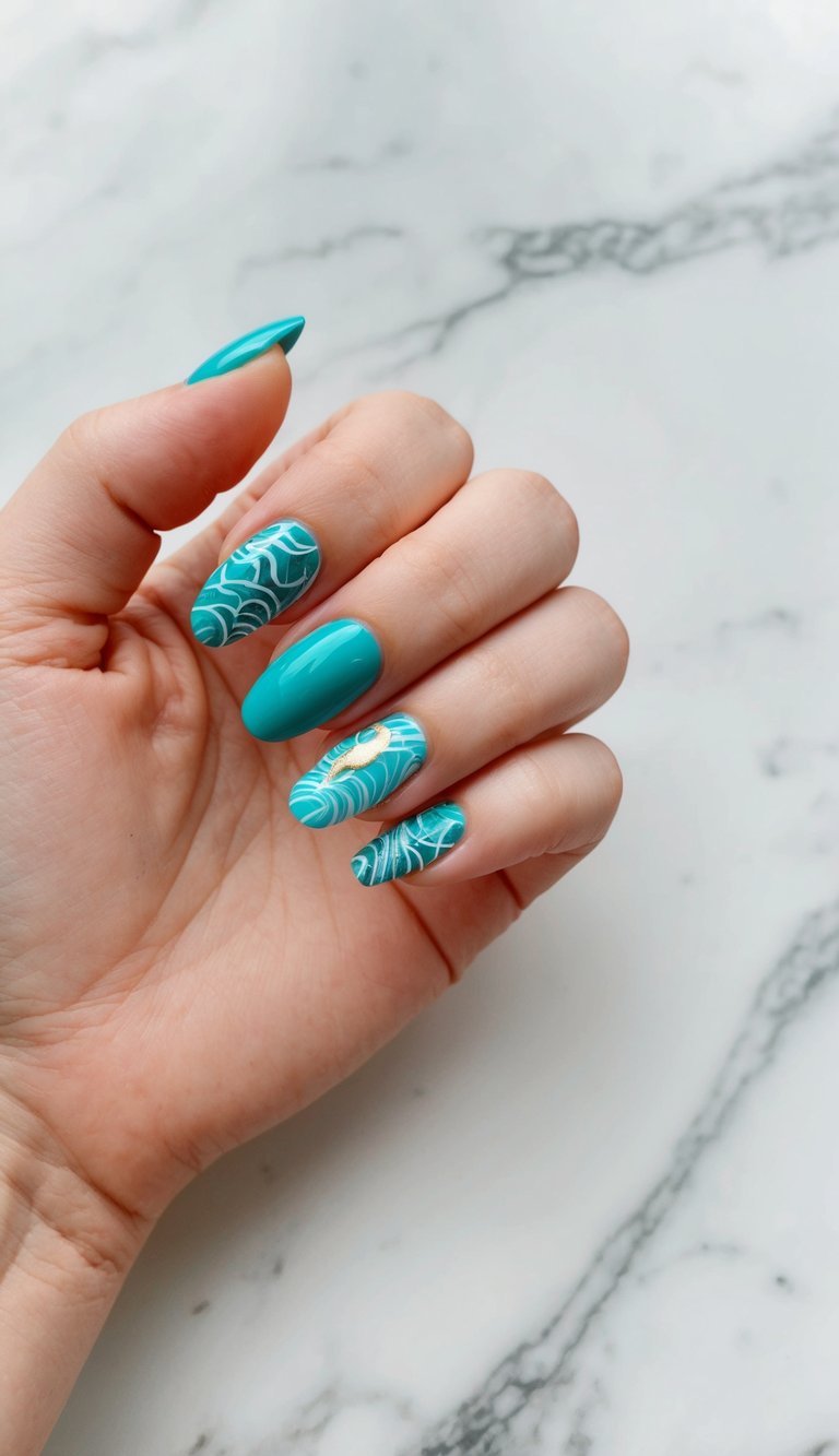 A hand angled gently on a marble surface shows a teal nail art idea with rich teal polish, sweeping white wave designs across multiple nails, and one soft gold accent detail.