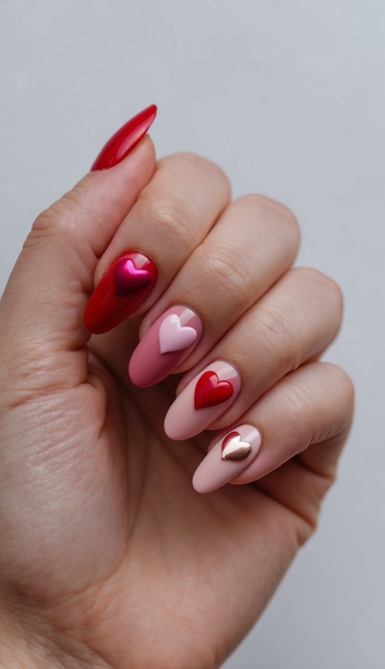 Close-up of a hand showing almond-shaped red and blush nails with raised heart embellishments in pink, red, and gold, styled as bold valentine's nail art ideas.