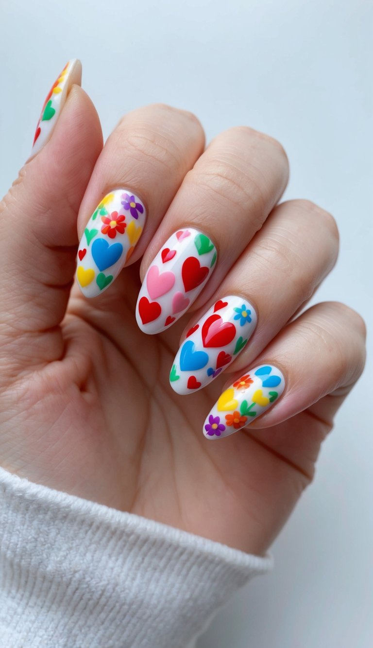 Natural light image of fingers displaying white nails covered in colorful heart shapes and tiny floral motifs, presented as whimsical valentine's nail art ideas.