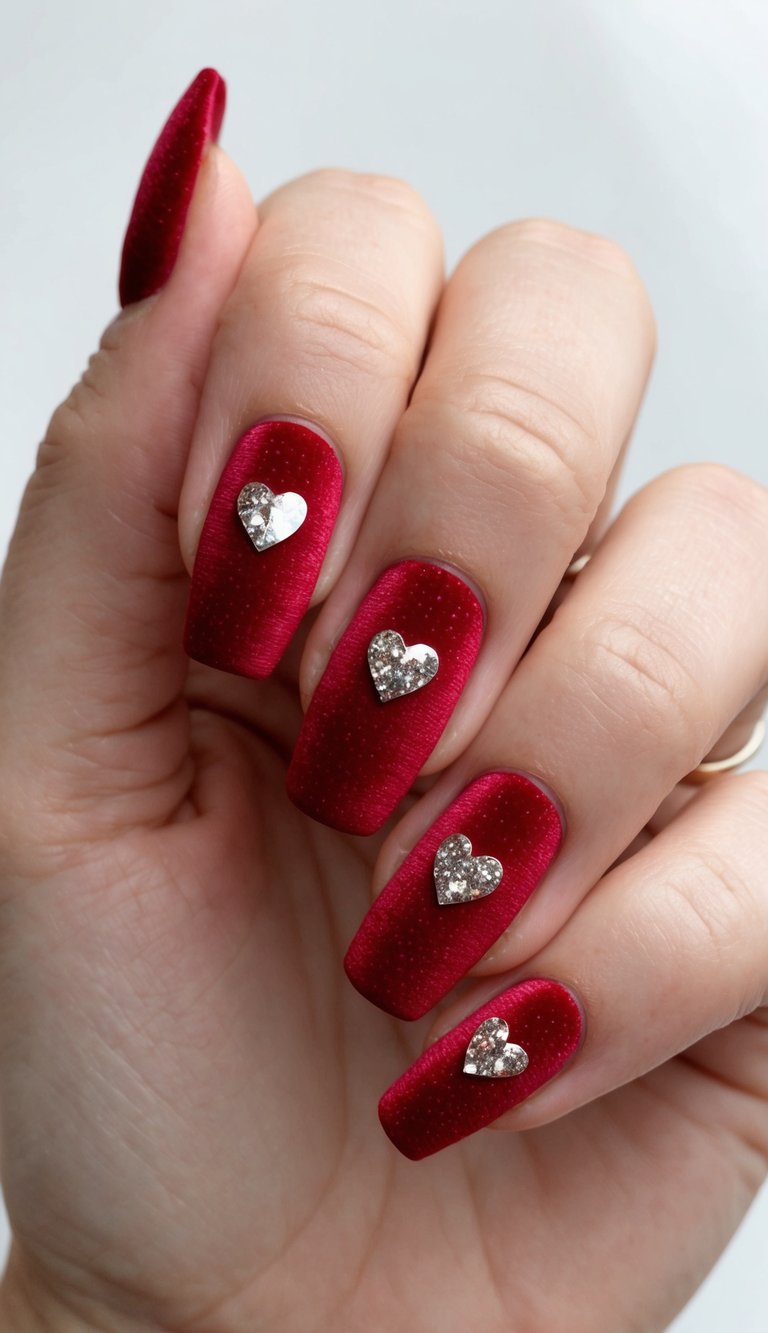 Fingers gently curled against a light background, highlighting velvet-finish red nails with shimmering silver heart details, styled as dramatic valentine's nail art ideas.