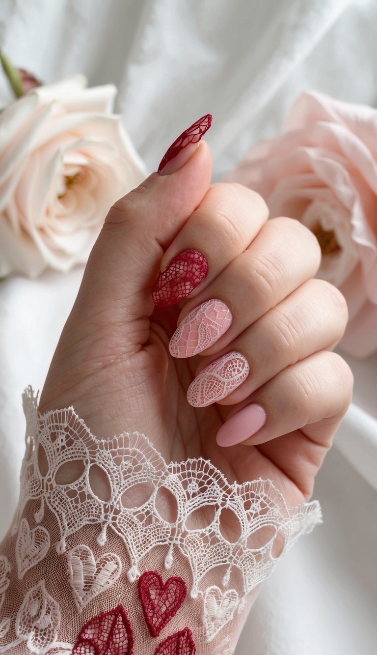 Fingers gently curled beside pale roses, highlighting pink and deep red nails with lace-inspired designs, styled as vintage valentine's nail art ideas.