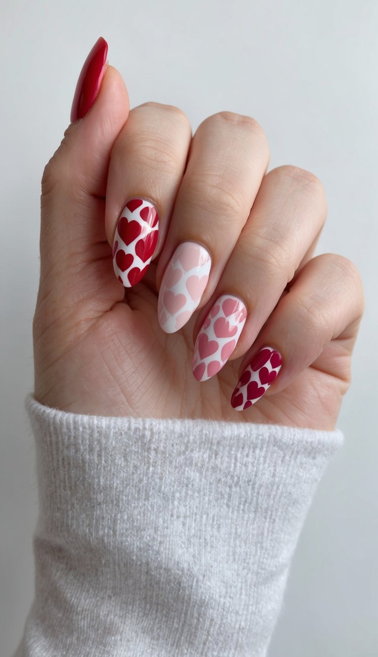 Fingers gently curled inside a soft sweater, highlighting glossy nails decorated with layered heart patterns, styled as cozy valentine's nail art ideas.